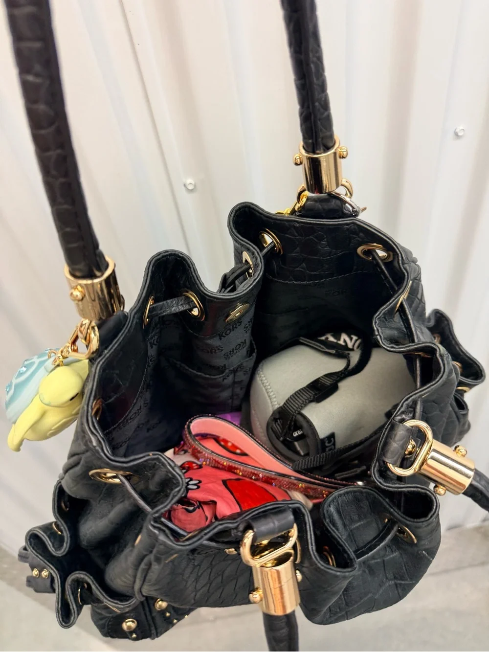 Michael Kors Black Croc-Embossed Drawstring Shoulder Bag with Gold Hardware